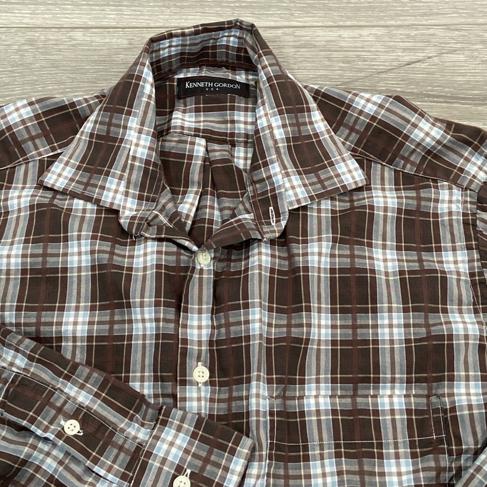 Vintage Kenneth Gordon Plaid‎ Button Down Shirt Men Size M Brown Blue USA Made